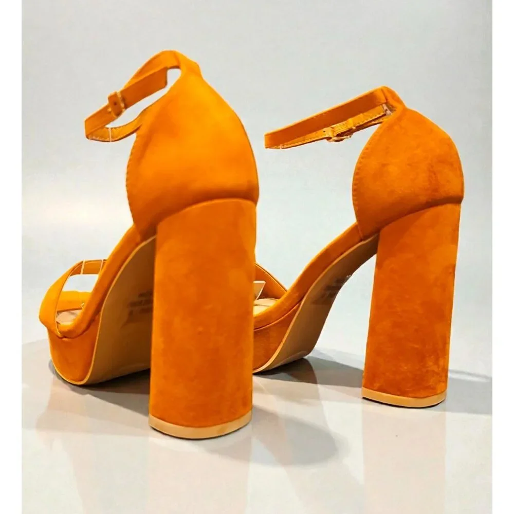 Block Heel Ankle Strap Open Toe Platform Sandals In Vibrant Camel Faux Suede